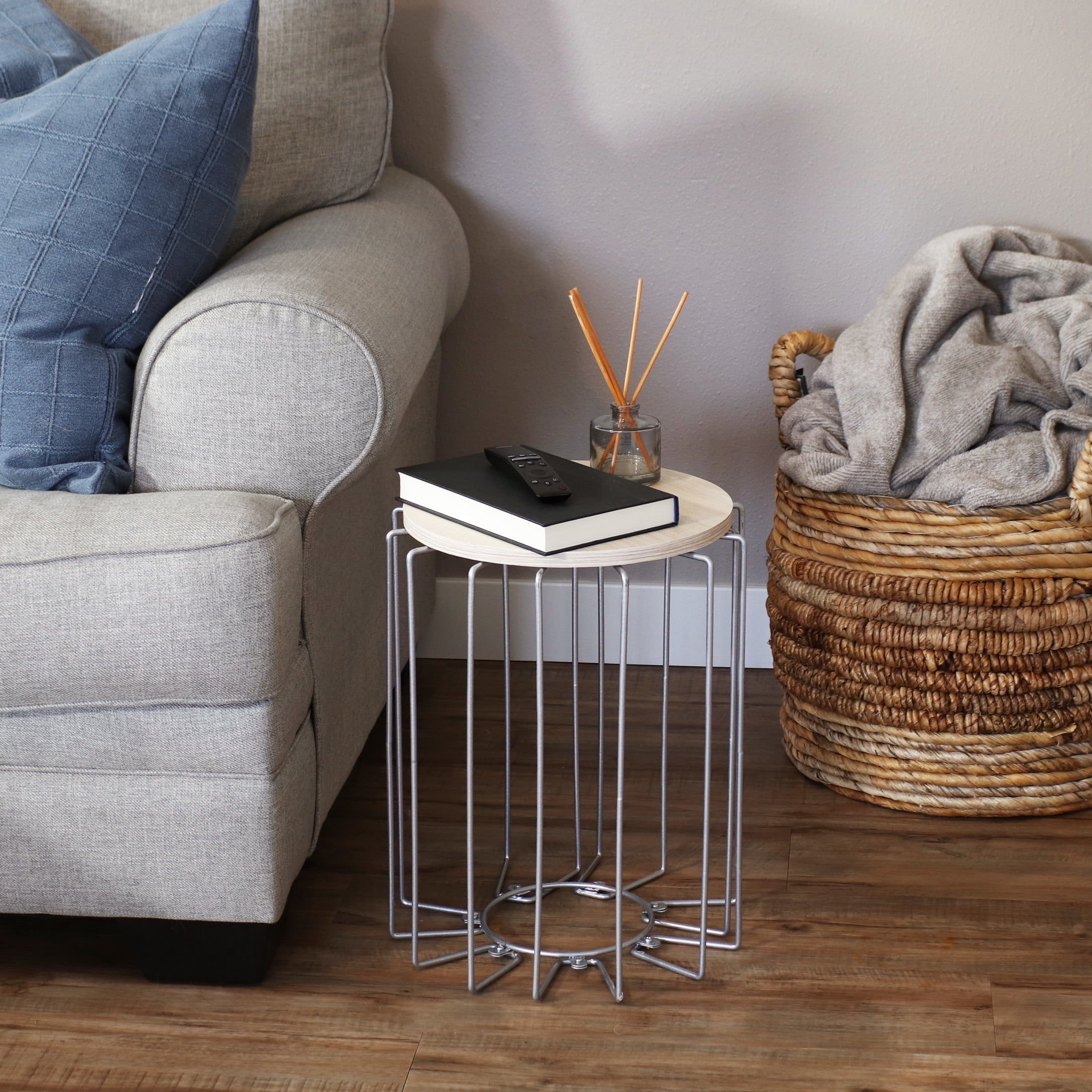 Modern Cream Faux Woodgrain Round Accent Table with Steel Wire Base