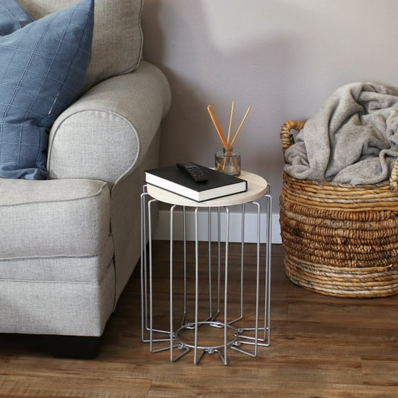 Sunnydaze Indoor Modern Metal Wire End Table with Faux Woodgrain Top, Cream