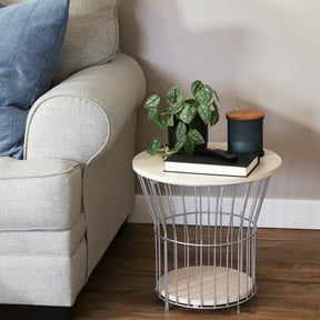 Sunnydaze Indoor Modern Metal Wire Pedestal End Table with Faux Woodgrain Top, Cream