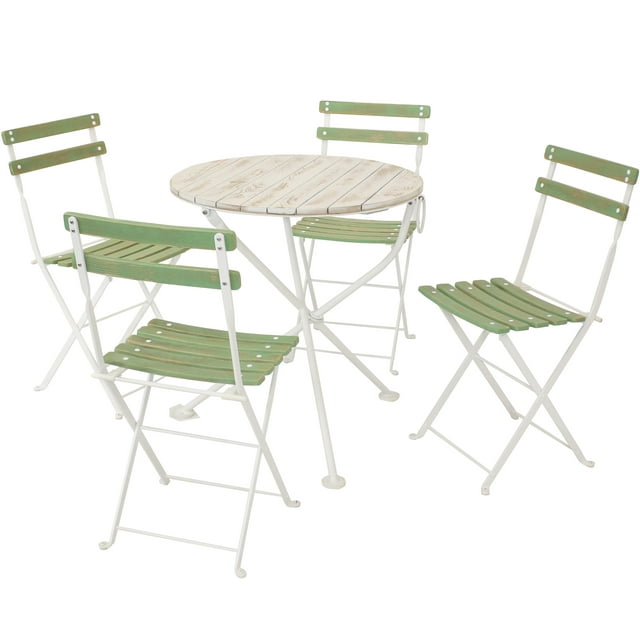 Sunnydaze Indoor/Outdoor Classic European Café Chestnut Wood Folding Bistro Table and Chairs - Antique Green - 5pc