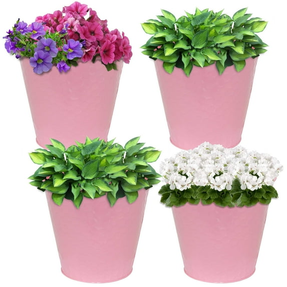 Sunnydaze Indoor/Outdoor Organizational and Decorative Galvanized Steel Bucket or Planter with Imprinted Hexagon Pattern - Pink - 4pk