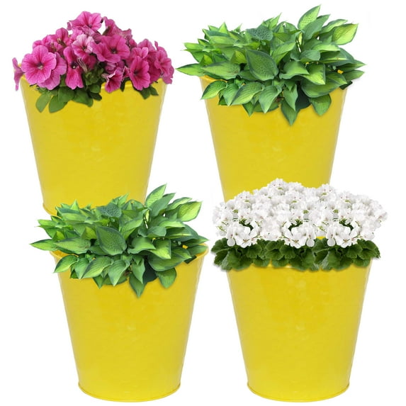 Sunnydaze Indoor/Outdoor Organizational and Decorative Galvanized Steel Bucket or Planter with Imprinted Hexagon Pattern - Yellow - 4pk