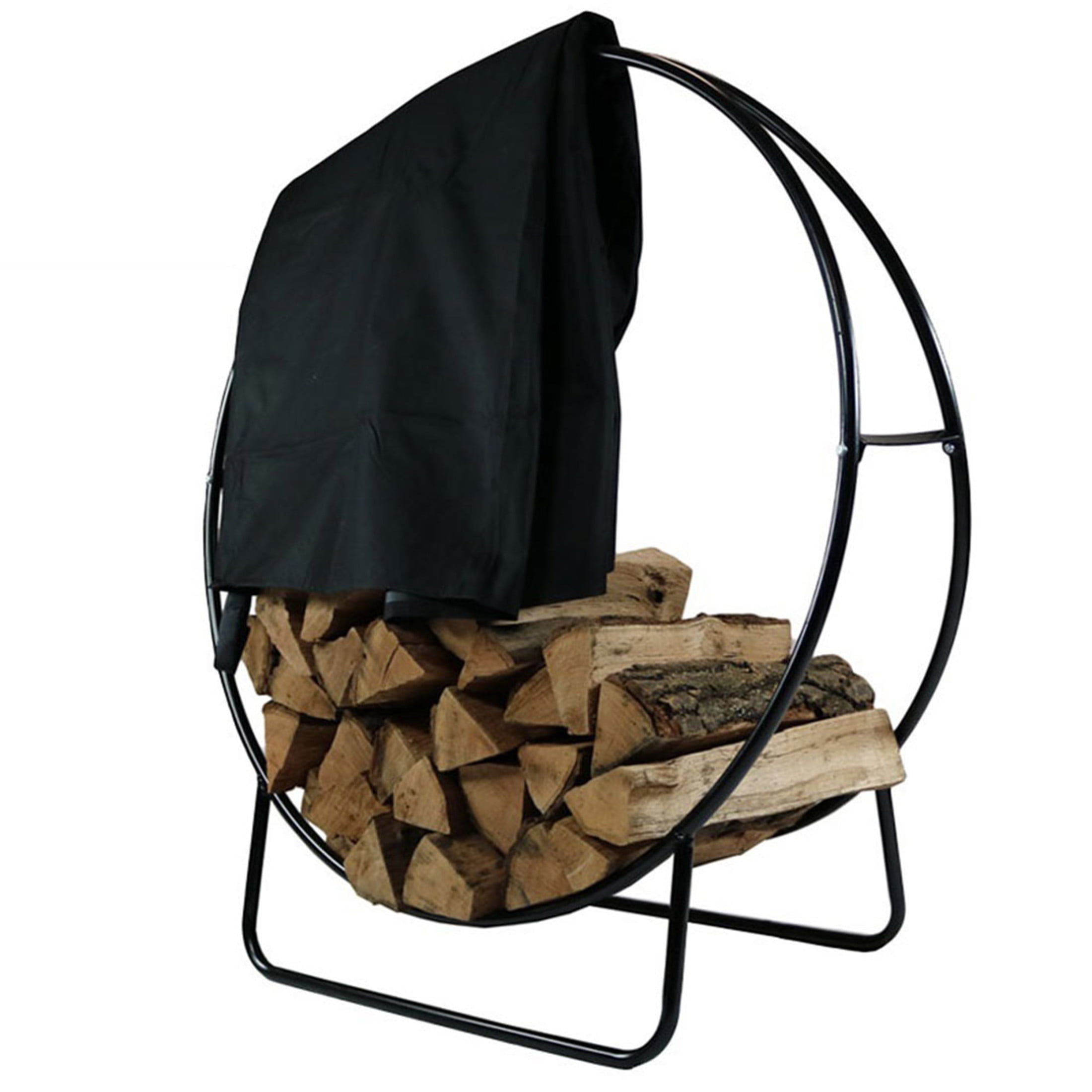 Sunnydaze Firewood Log Hoop Holder with Khaki Cover Outdoor Black Steel - 24 Sunnydaze Firewood Log Hoop Holder with Khaki Cover Outdoor Black Steel - 24