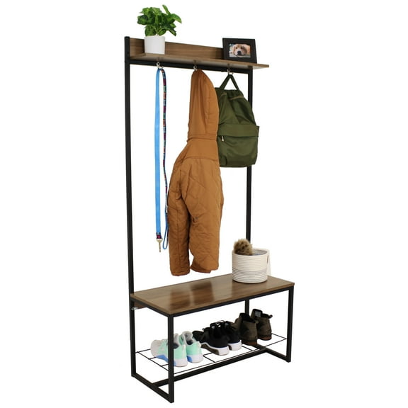 Sunnydaze Industrial Freestanding Hall Tree 3 Hooks with Coat Rack and Shoe Bench, Brown