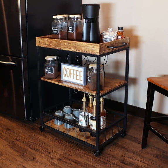 Sunnydaze Industrial MDP Rolling Bar Cart with Wine Storage Rack, Brown