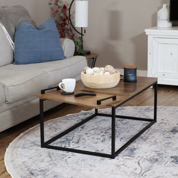 Sunnydaze Industrial-Style Rectangular Coffee Table with Removable Serving Tray, Brown