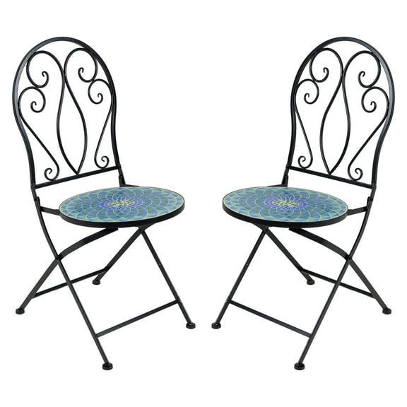 Sunnydaze Iron Mosaic Tile Folding Outdoor Bistro Dining Chair - Set of 2, Blue