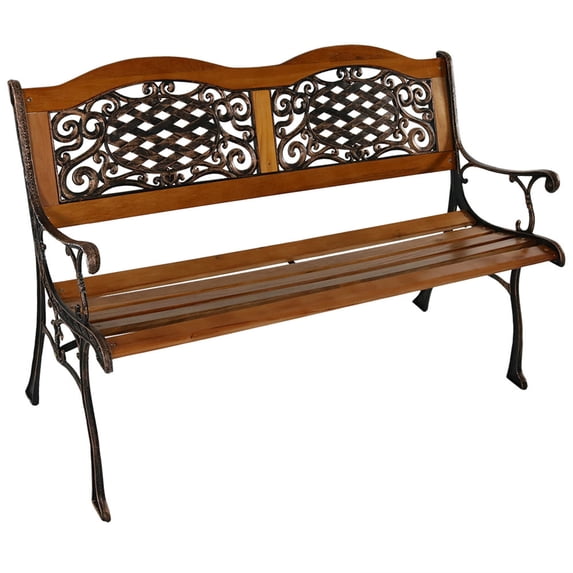Sunnydaze Ivy and Crossweave Design Cast Iron and Wood 2-Person Garden Bench