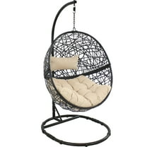 Sunnydaze Jackson Resin Wicker Egg Hanging Chair with Cushions and Stand, Cream