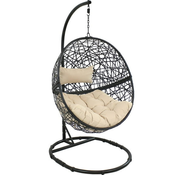 Sunnydaze Jackson Resin Wicker Egg Hanging Chair with Cushions and Stand, Cream