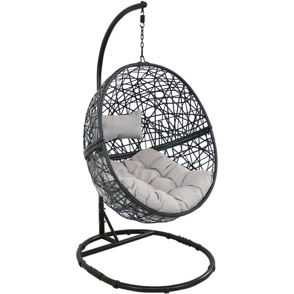 Sunnydaze Jackson Resin Wicker Egg Hanging Chair with Cushions and Stand, Gray