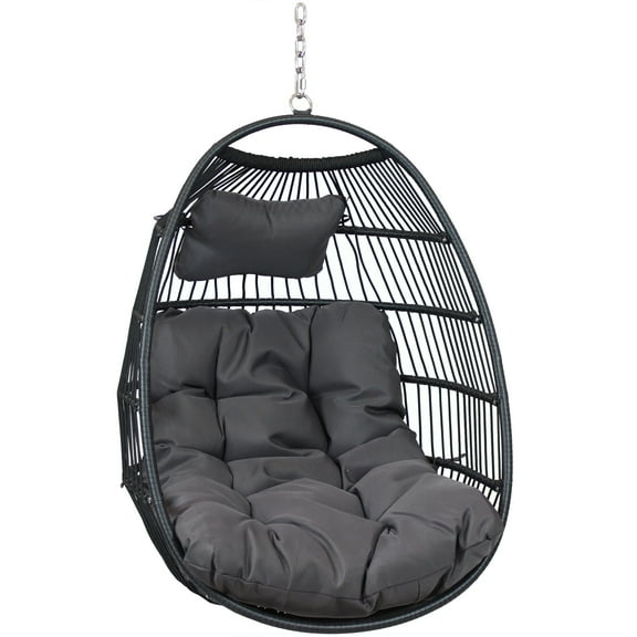 Sunnydaze Julia Polyethylene Wicker Egg Hanging Chair with Cushions, Gray