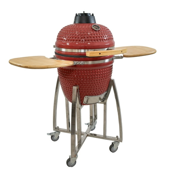 Sunnydaze 18" Kamado Charcoal Grill with Smoker in Red with Wheels, Stand, and Tables