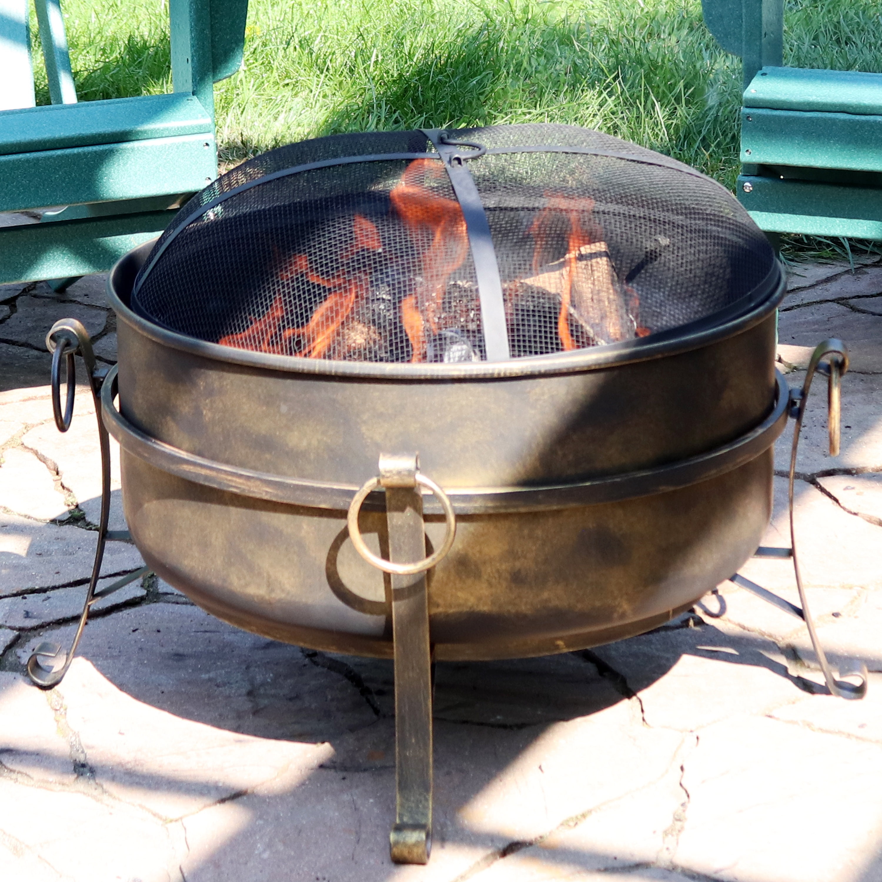 24-Inch Dark Bronze Steel Cauldron Fire Pit with Spark Screen