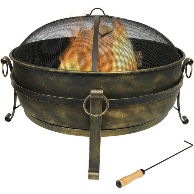 Sunnydaze Large Outdoor Cauldron Fire Pit with Spark Screen - 34"