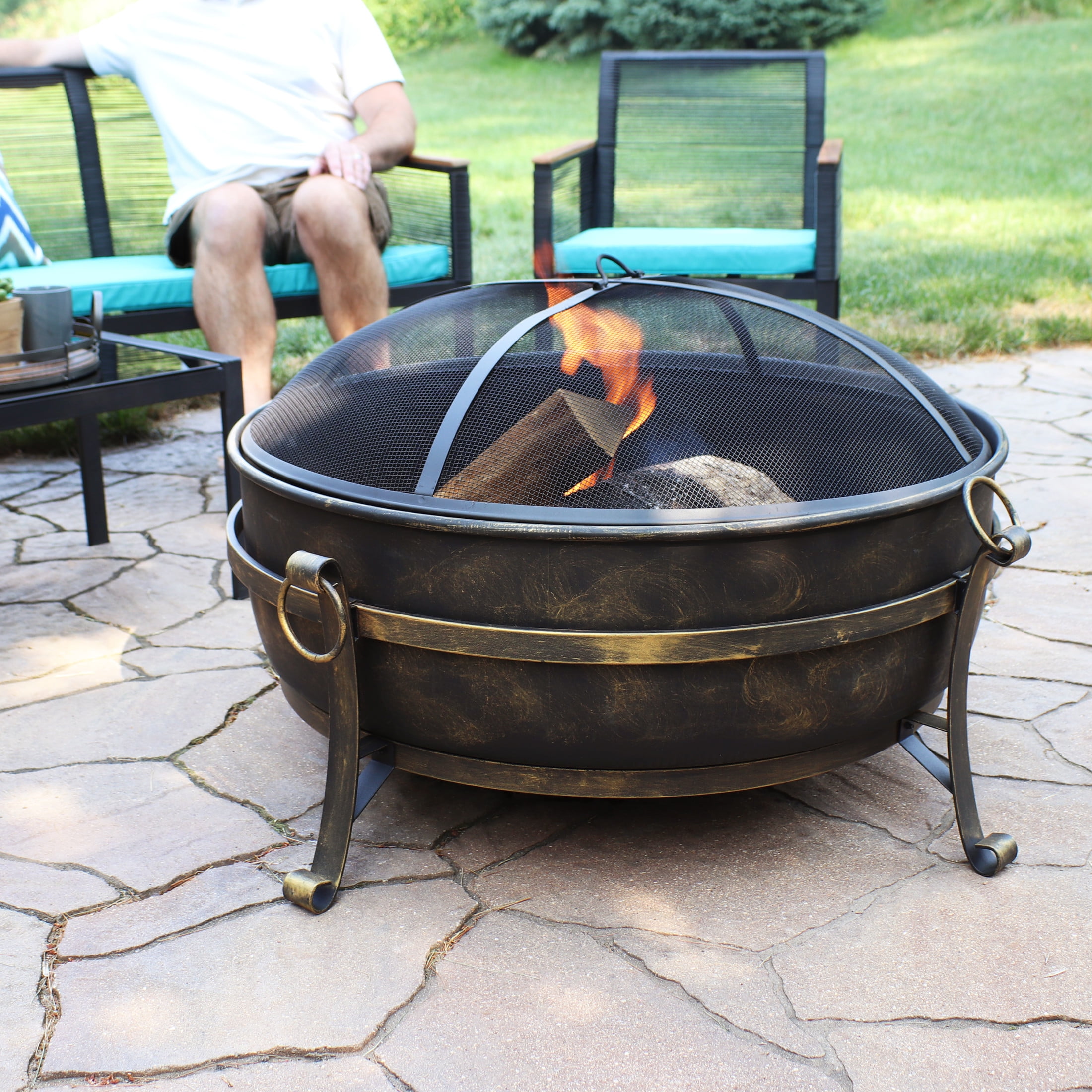 34-Inch Dark Bronze Steel Cauldron Style Fire Pit with Spark Screen
