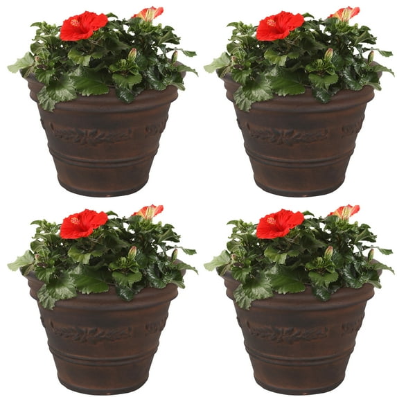 Sunnydaze Laurel 13" x 13" x 9.75" Round Rust Polyresin Outdoor Planter Pot 4-Count