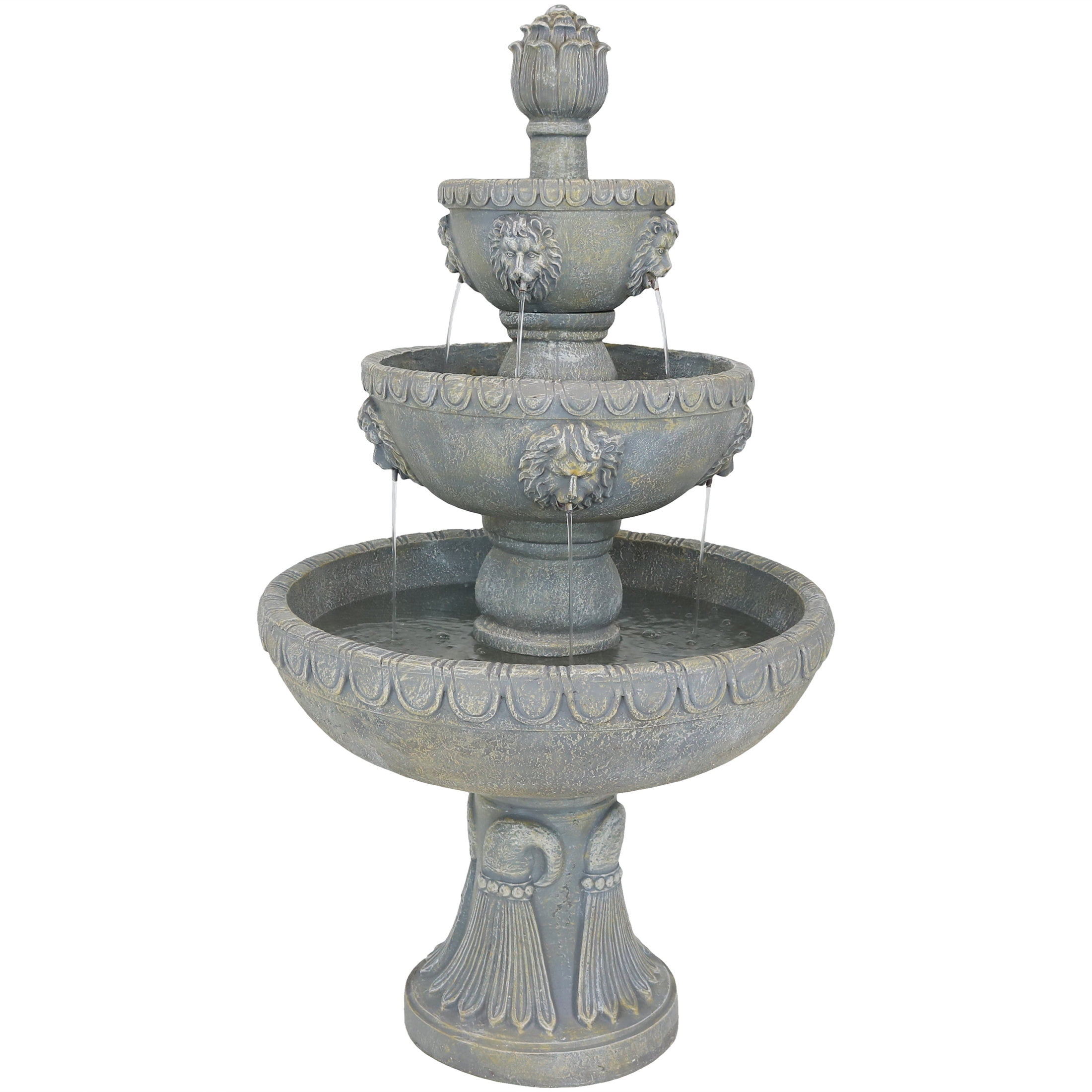Gray 53" Fiberglass and Resin 4-Tier Lion Head Outdoor Water Fountain