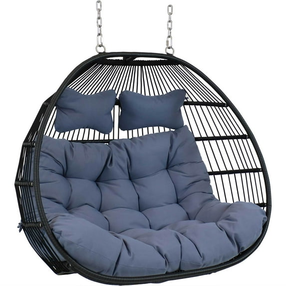 Sunnydaze Liza Resin Wicker 2-Person Egg Hanging Chair with Cushion, Gray