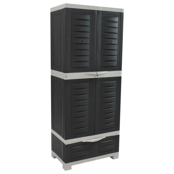 Sunnydaze Lockable Adjustable 57.5" Plastic 3-Shelf 1-Drawer Freestanding Storage Cabinet, Charcoal with Gray Trim