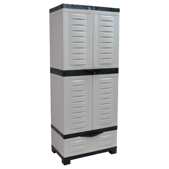 Sunnydaze Lockable Adjustable 57.5" Plastic 3-Shelf 1-Drawer Freestanding Storage Cabinet, Gray with Charcoal Trim