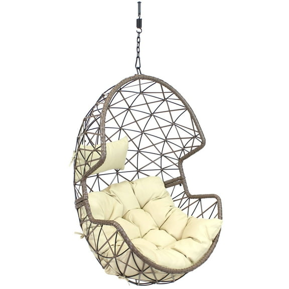 Sunnydaze Lorelai Resin Wicker Egg Hanging Chair with Cushions, Beige