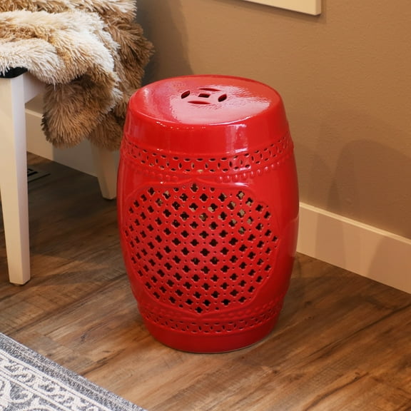 Sunnydaze Marrakesh Lattice 17.75" Ceramic Garden Stool Side Table, Red