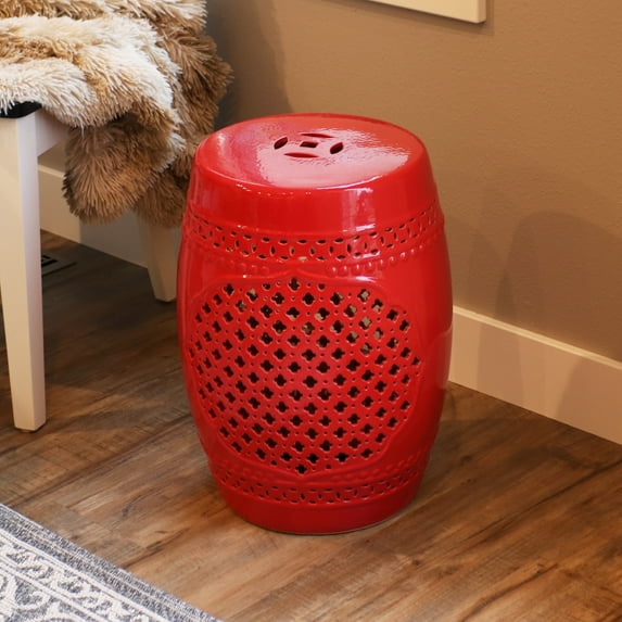 Sunnydaze Marrakesh Lattice 17.75" Ceramic Garden Stool Side Table, Red