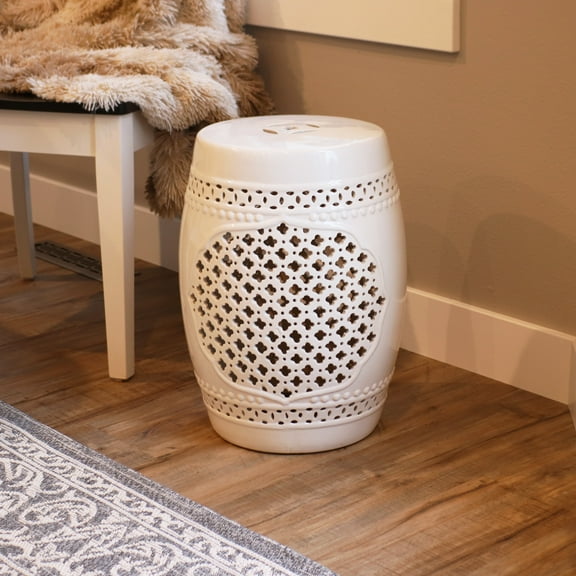 Sunnydaze Marrakesh Lattice 17.75" Ceramic Garden Stool Side Table, White