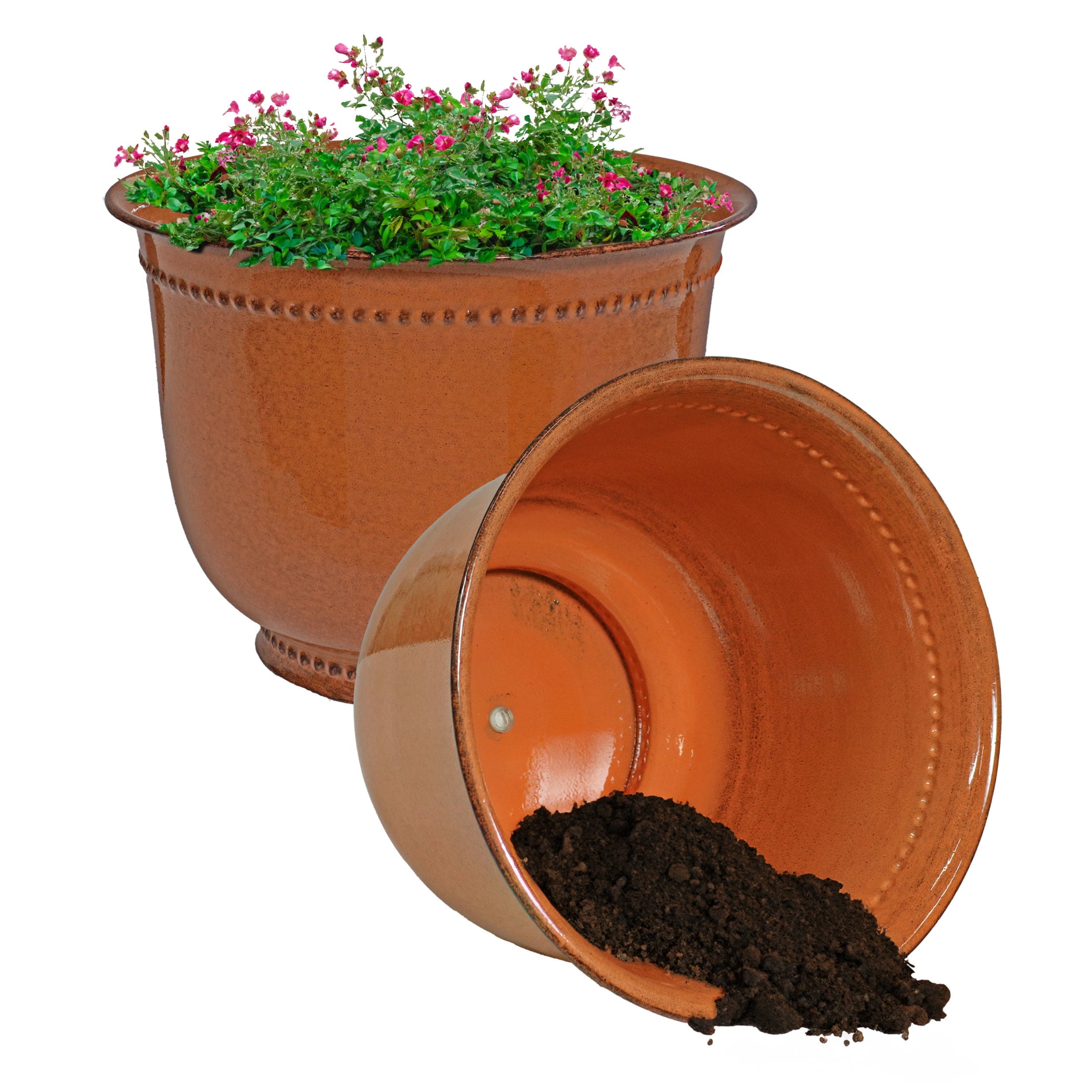Chestnut Glaze Medium Iron Indoor/Outdoor Planter Set with Drainage Holes
