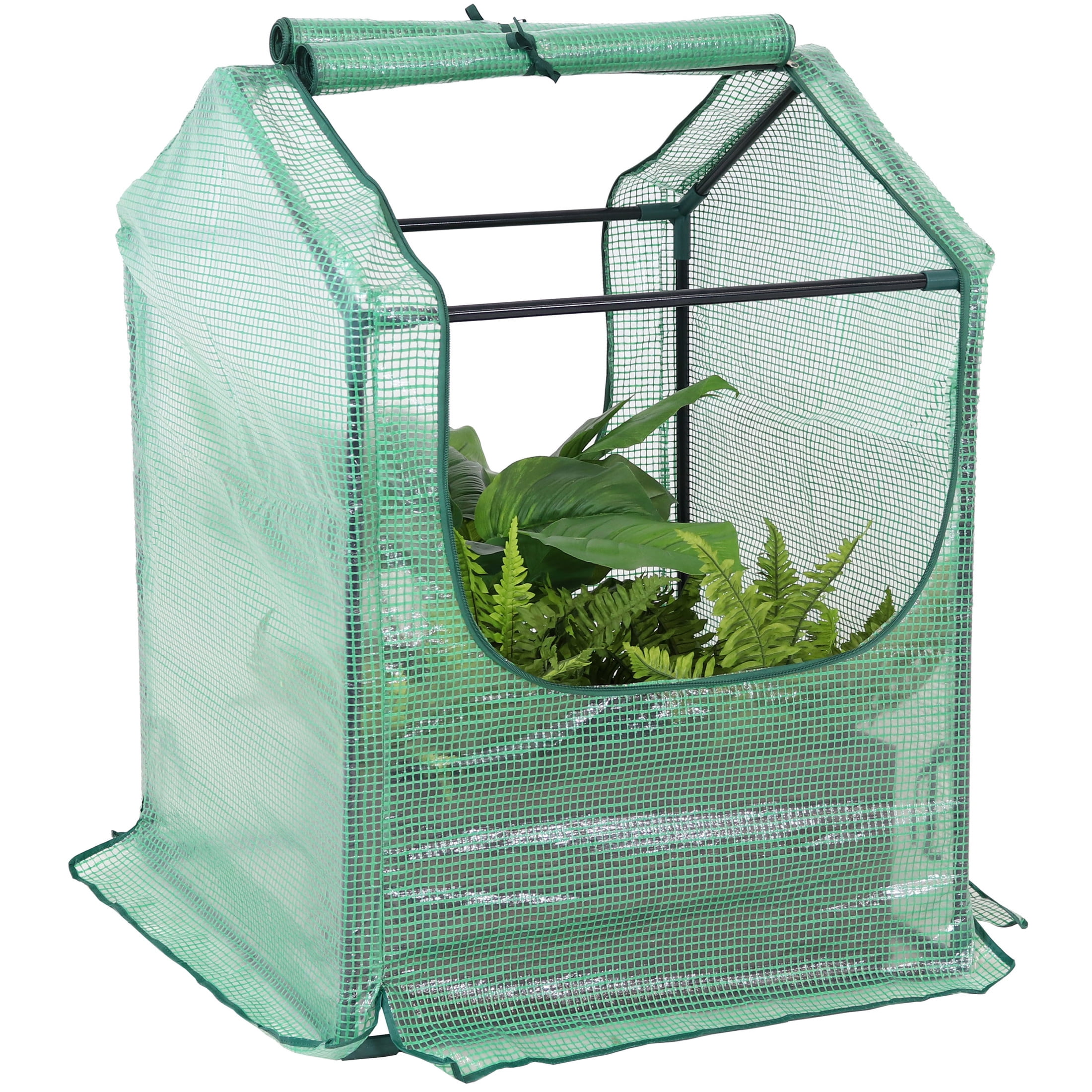 Green 2' x 2' Iron and Polyethylene Mini Greenhouse with Zippered Doors