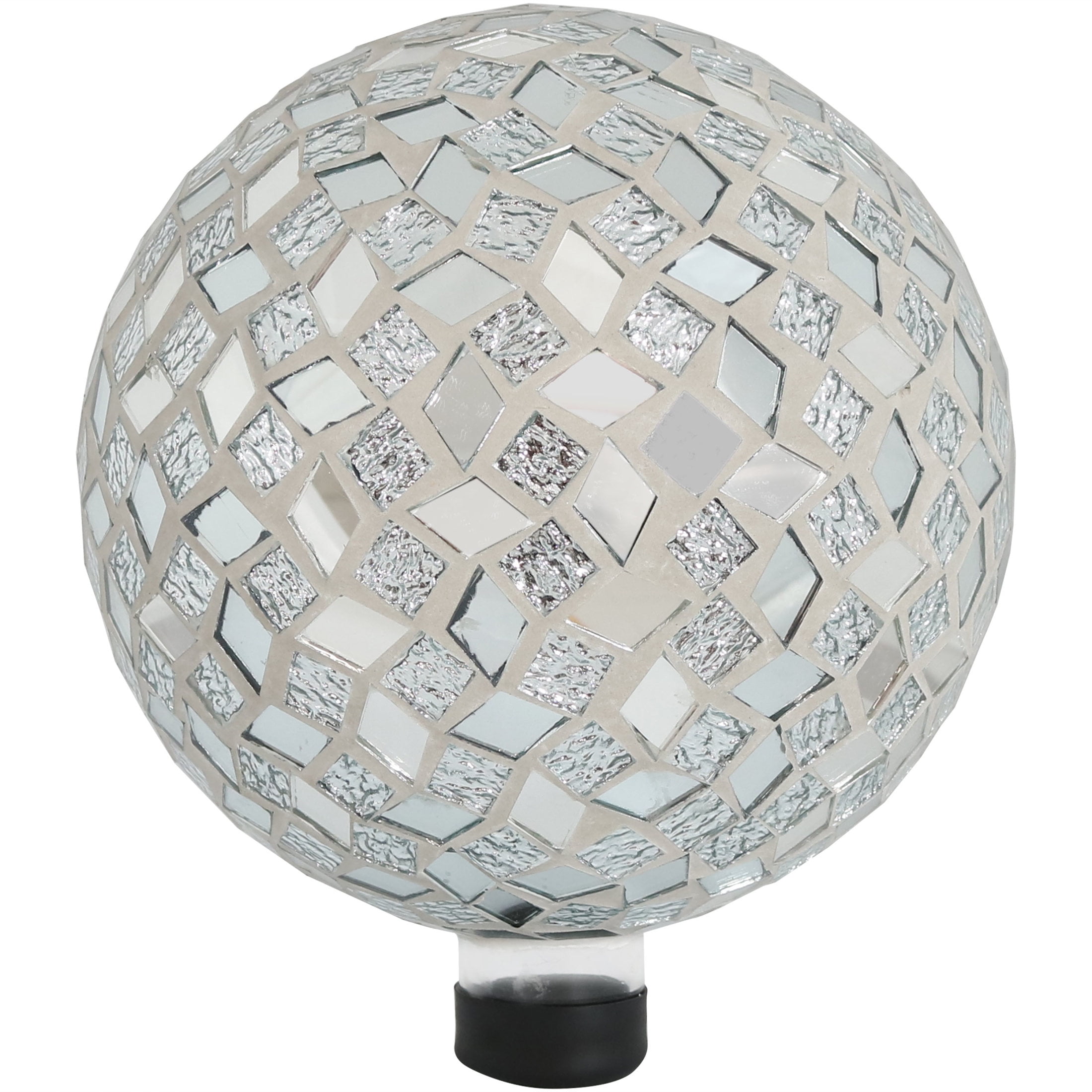 Silver Mirrored Diamond Mosaic Glass Garden Gazing Globe, 10-inch