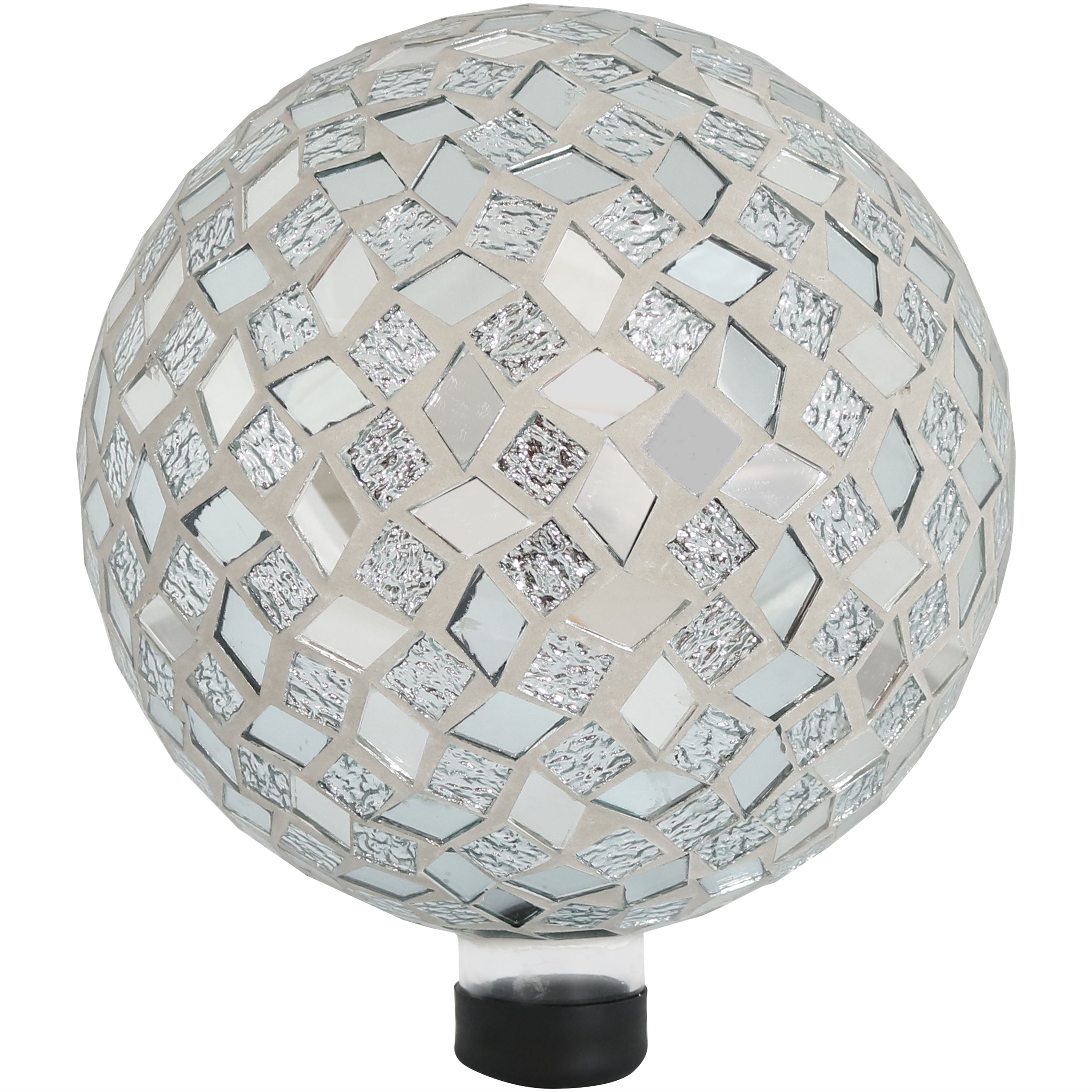 Silver Mirrored Diamond Mosaic Glass Garden Gazing Globe, 10-inch