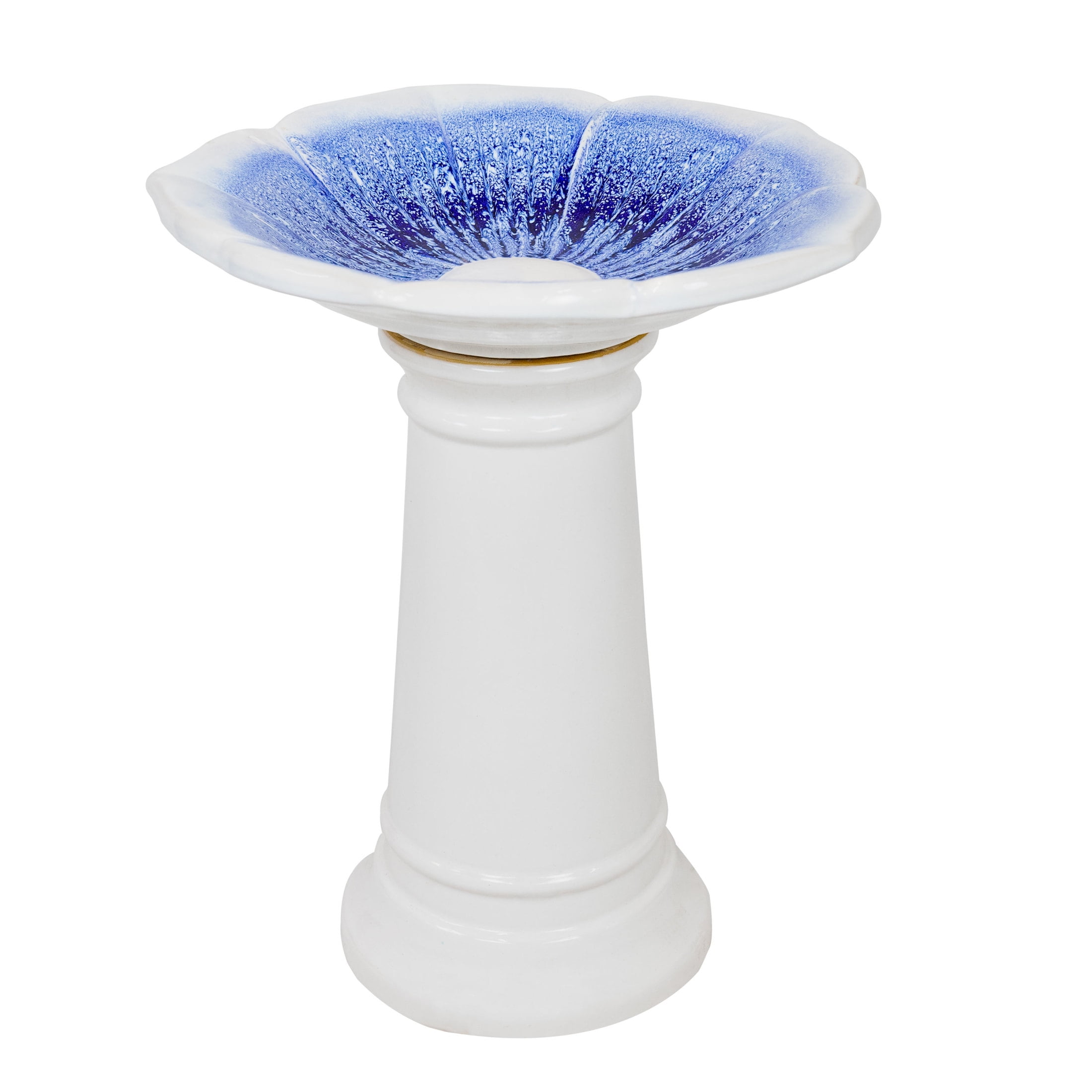 Sunnydaze Misty Blossom Freestanding Ceramic Outdoor Bird Bath, UV-Resistant White and Blue Finish