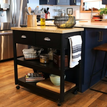 Sunnydaze Modern MDF Rolling Kitchen Island Cart with Drawers and Shelves, Black
