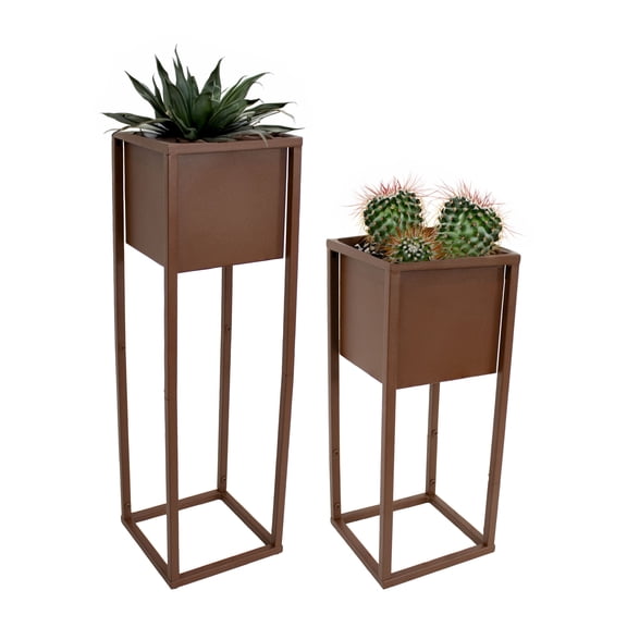 Sunnydaze Modern Simplicity Assorted Square Brown Metal Outdoor Planter 2-Count
