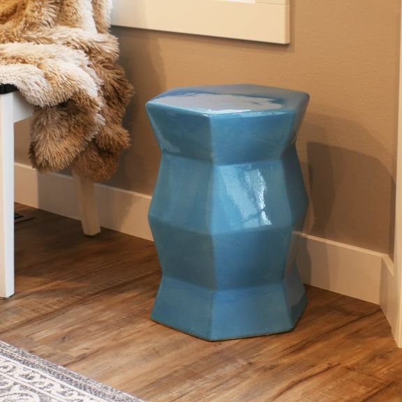 Sunnydaze Moderno Hexagon 17.25" Ceramic Garden Stool Side Table, Moonstone