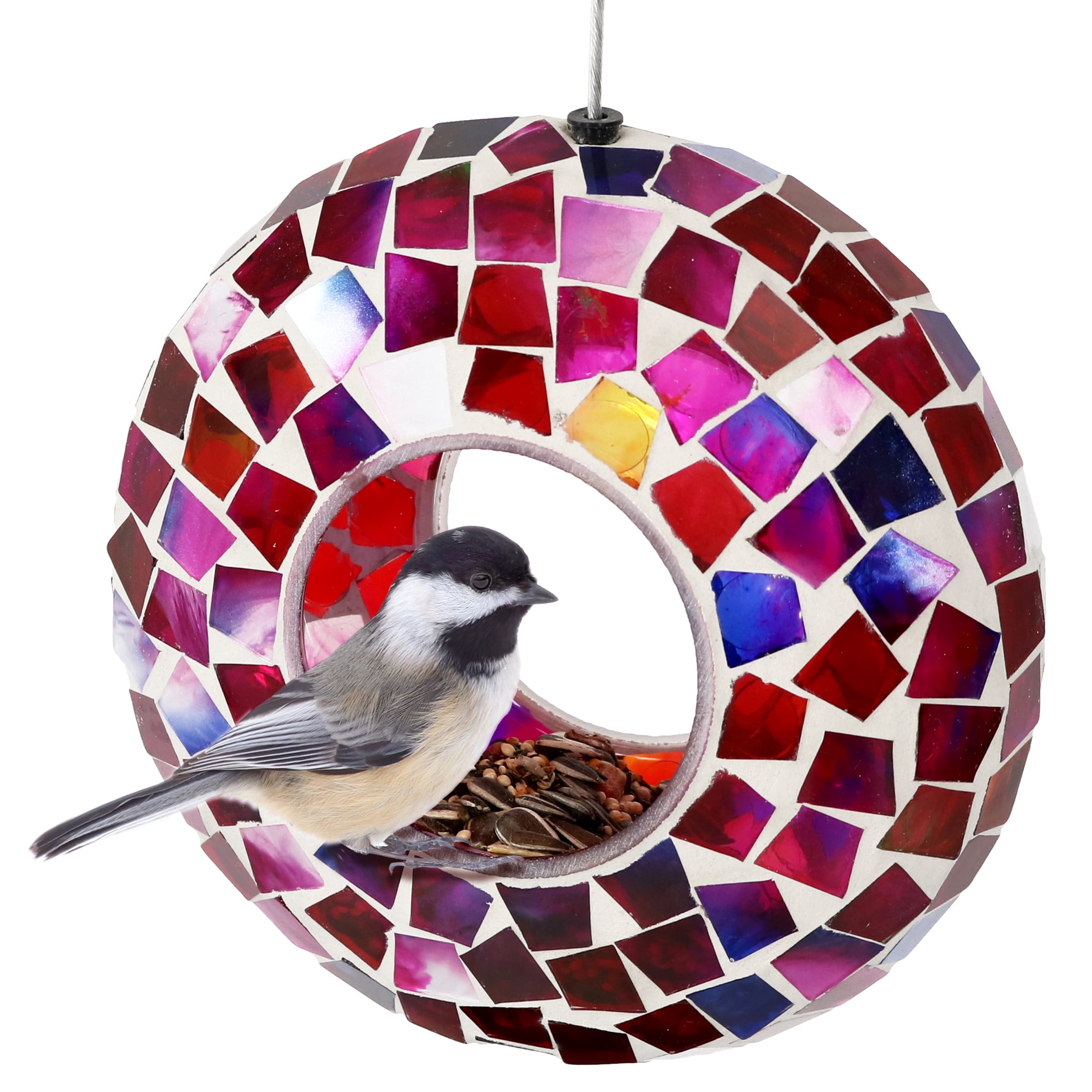 Sunnydaze Outdoor Garden Patio Round Glass with Mosaic Design Hanging Fly-Through Bird Feeder - 6" - Crimson