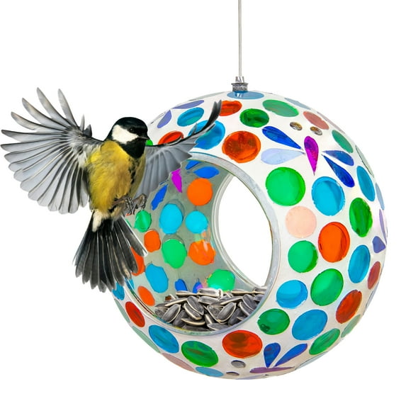 Sunnydaze Mosaic Glass Fly-Through Hanging Bird Feeder, 1-Cup Capacity, Dragonfly Dreams