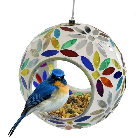 Sunnydaze Mosaic Glass Fly-Through Hanging Bird Feeder, 1-Cup Capacity, Rainbow Daisies