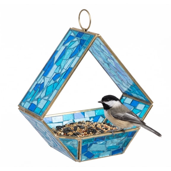 Sunnydaze Mosaic Glass Fly-Through Hanging Bird Feeder, XX-Cup Capacity, Blue