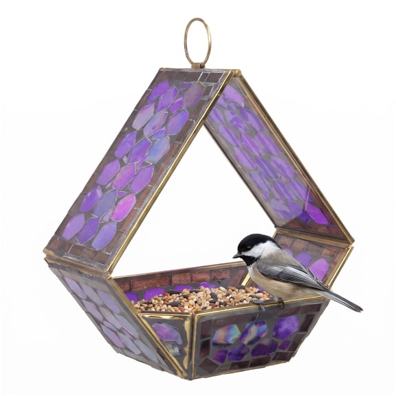 Sunnydaze Mosaic Glass Fly-Through Hanging Bird Feeder, XX-Cup Capacity, Purple
