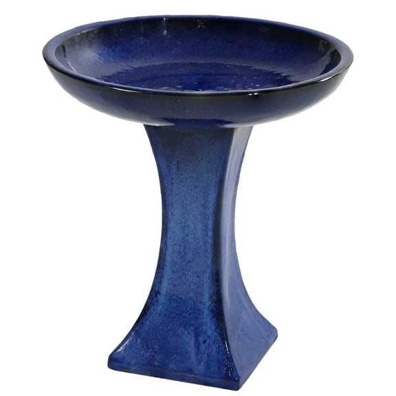 Sunnydaze Nantes Freestanding Ceramic Outdoor Bird Bath, UV-Resistant Blue Finish