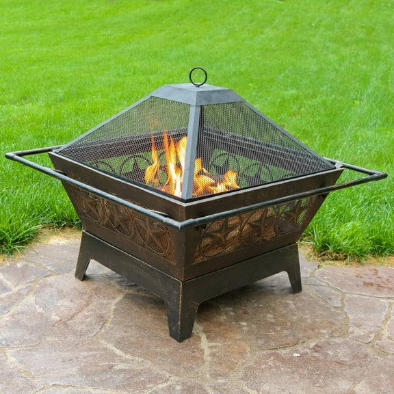 Sunnydaze Northern Galaxy 32" Square Wood-Burning Bronze Finish Steel Fire Pit with Grill Grate