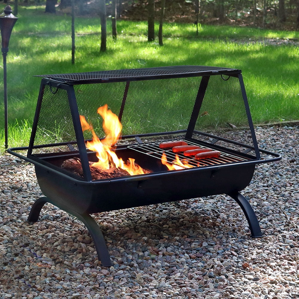 Sunnydaze Northland Grill 36" Rectangular Wood-Burning Black Finish Steel Outdoor Fire Pit