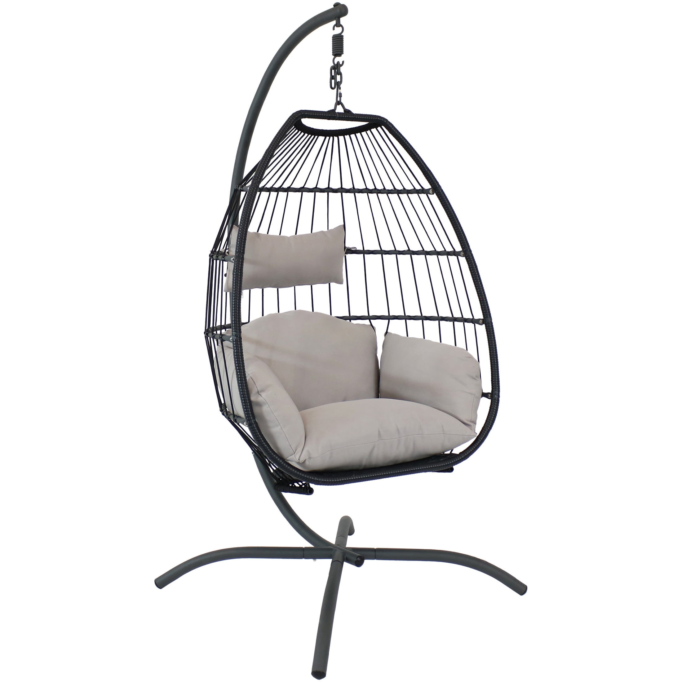 Gray Resin Wicker Egg Hanging Chair with Cushions and Steel Stand