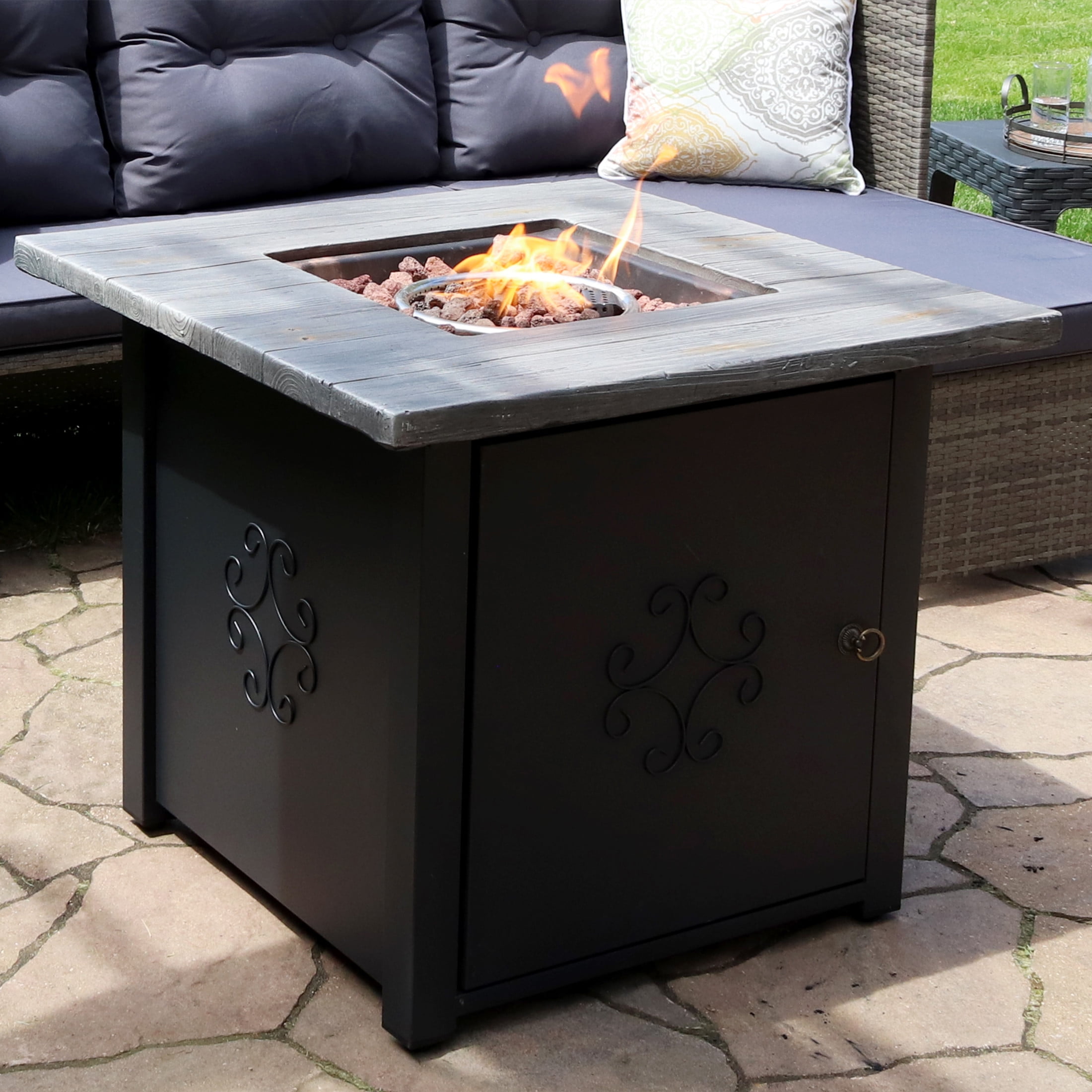 30-Inch Square Black and Gray Stone Propane Fire Pit Table