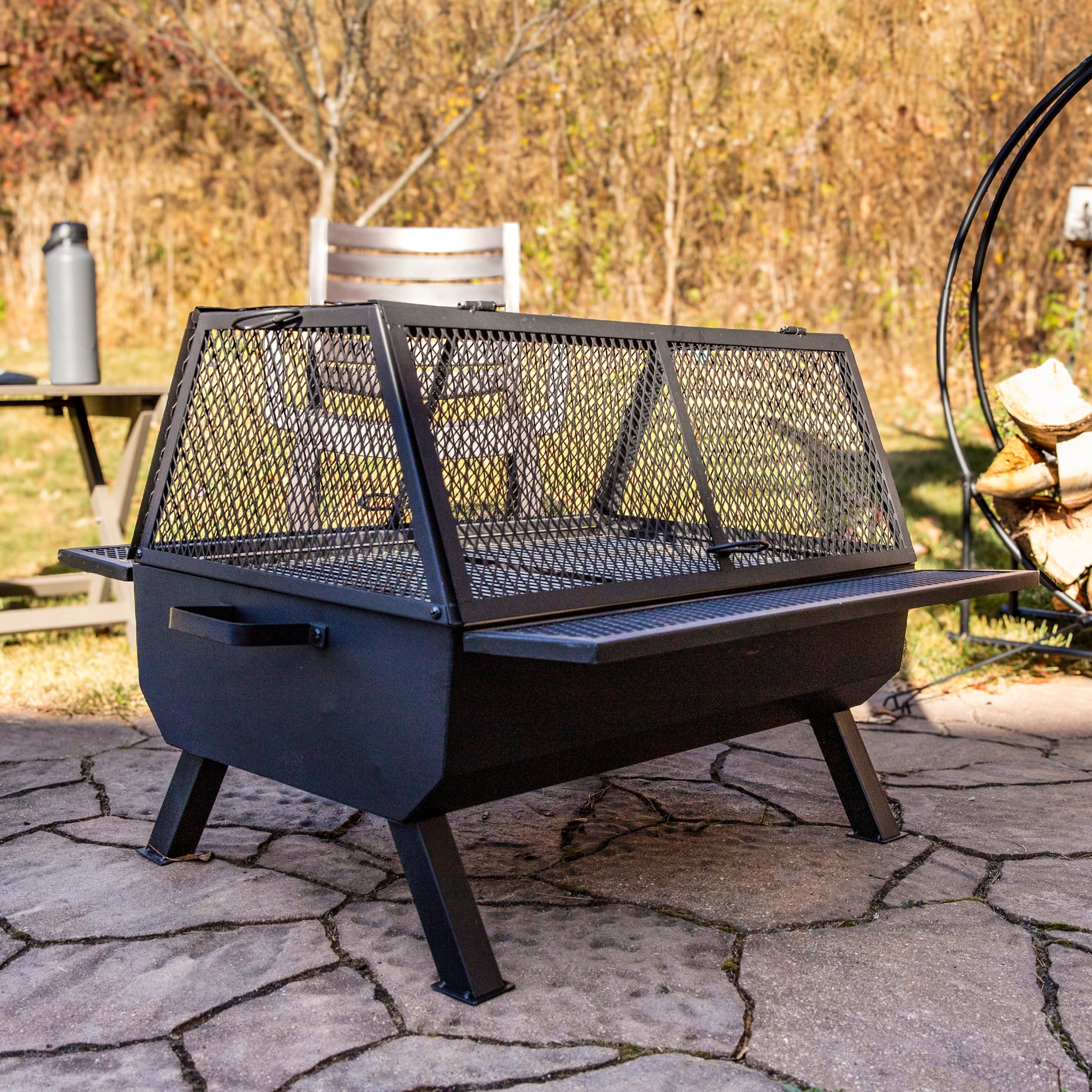 Black Steel Outdoor Fire Pit with Grill and Spark Screen
