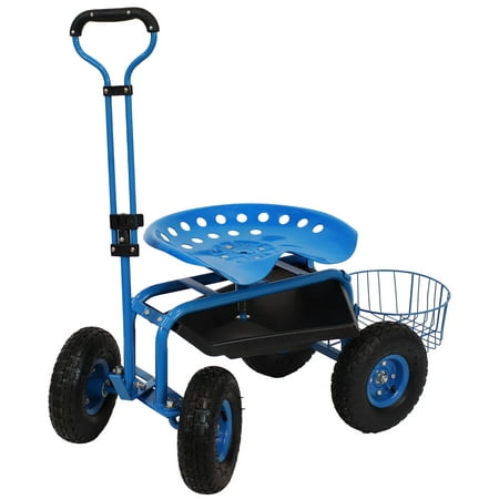 Sunnydaze Outdoor Heavy-Duty Steel Rolling Gardening Cart with Extendable Steer Handle, Swivel Chair, Tool Tray, and Basket - Blue