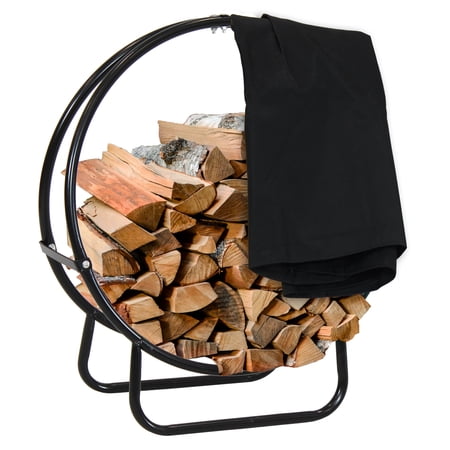 Sunnydaze Outdoor Modern Powder-Coated Steel Firewood Log Hoop Rack with PVC Cover